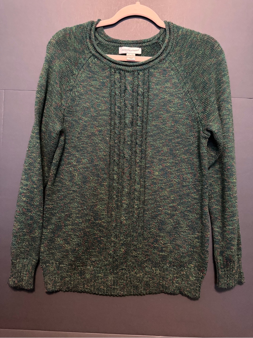 Christopher & Banks Green Cable-Front Crewneck Sweater